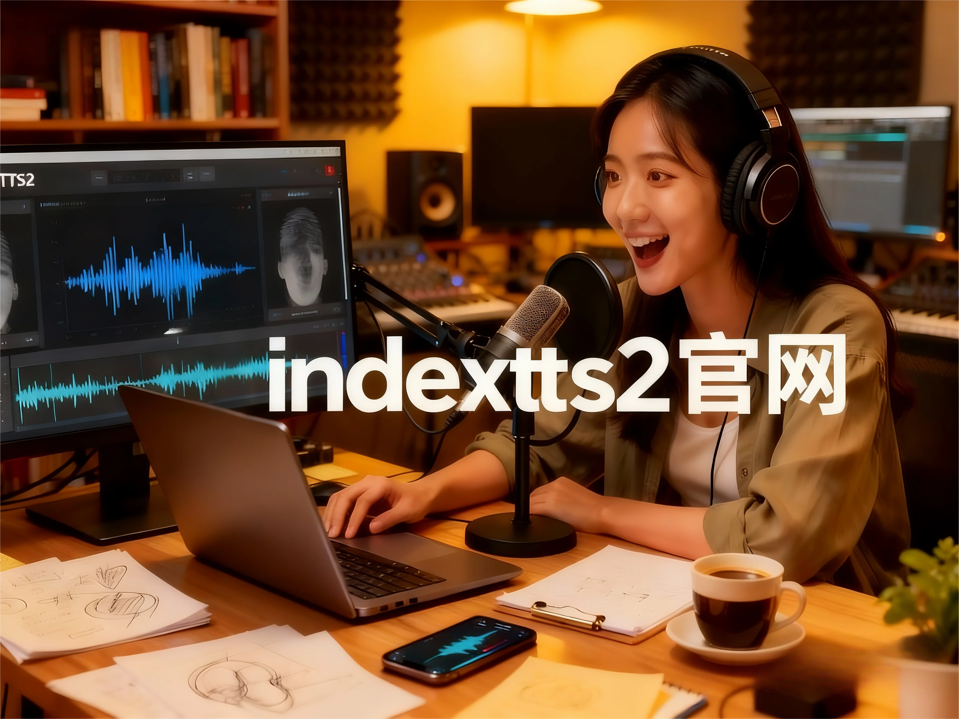 IndexTTS2声音克隆服务展示：面带笑容的男士手持麦克风进行录音，背景DNA双螺旋与声波图案象征高精度声音复刻技术，体现IndexTTS在线声音克隆的便捷体验。