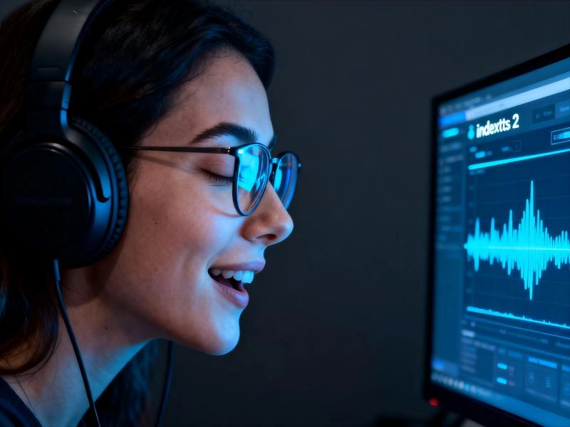 IndexTTS2数字人创建界面：职业女性操作悬浮科技面板，"上传成功"提示与5秒录音流程展示IndexTTS声音克隆的高效性，蓝色光影凸显技术专业性。